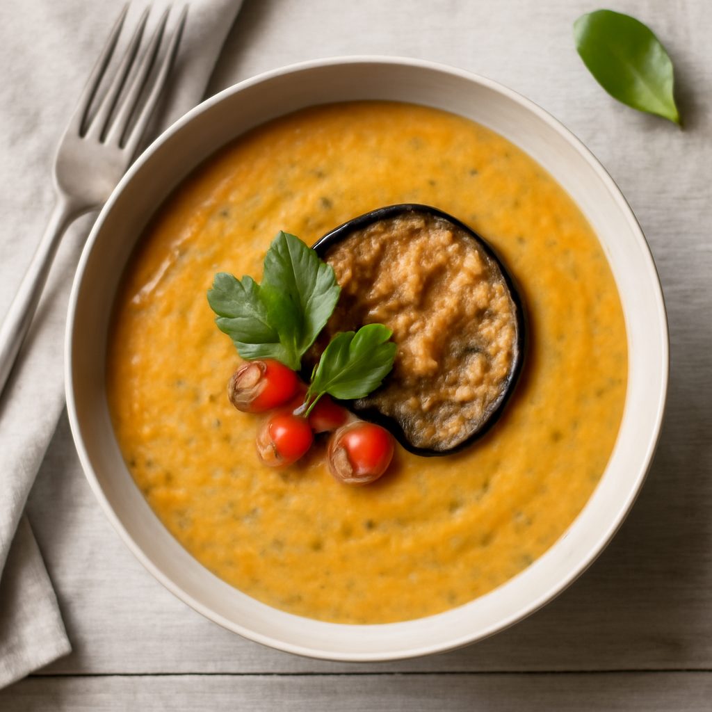 Vellutata fredda peperone, melanzana e curry proteica low-carb
