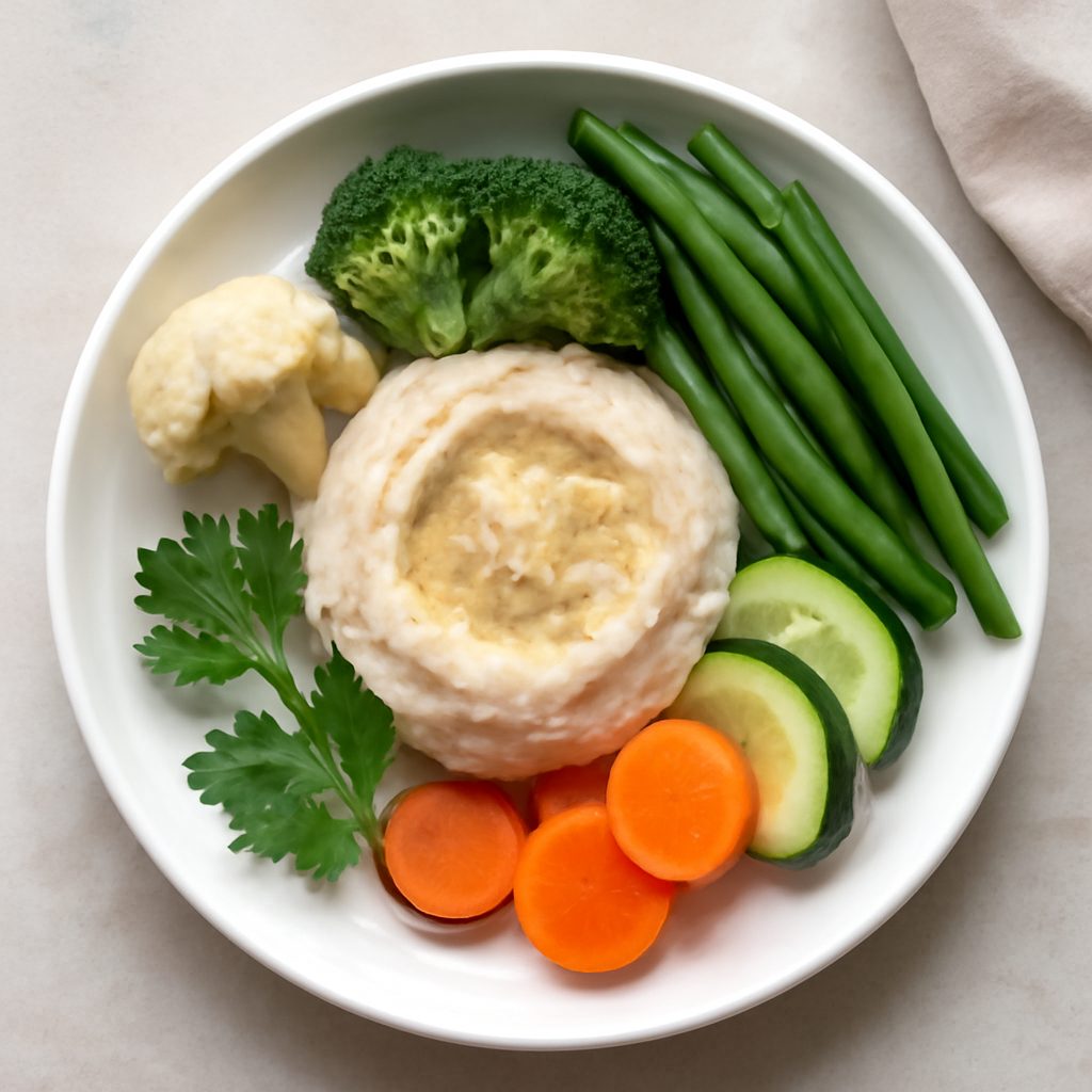 Verdure al vapore con hummus di cavolfiore proteico low-carb