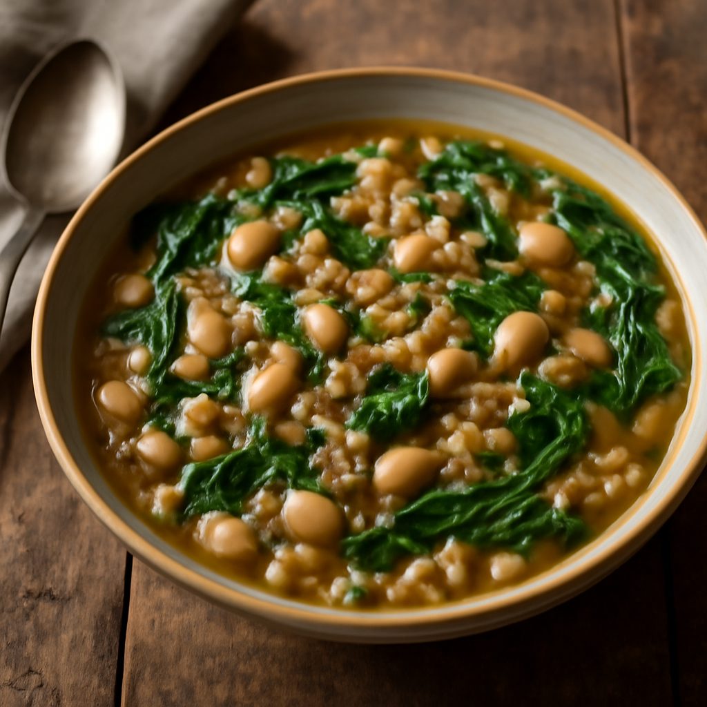 Zuppa di Fagioli Bianchi, Spinaci e Orzo