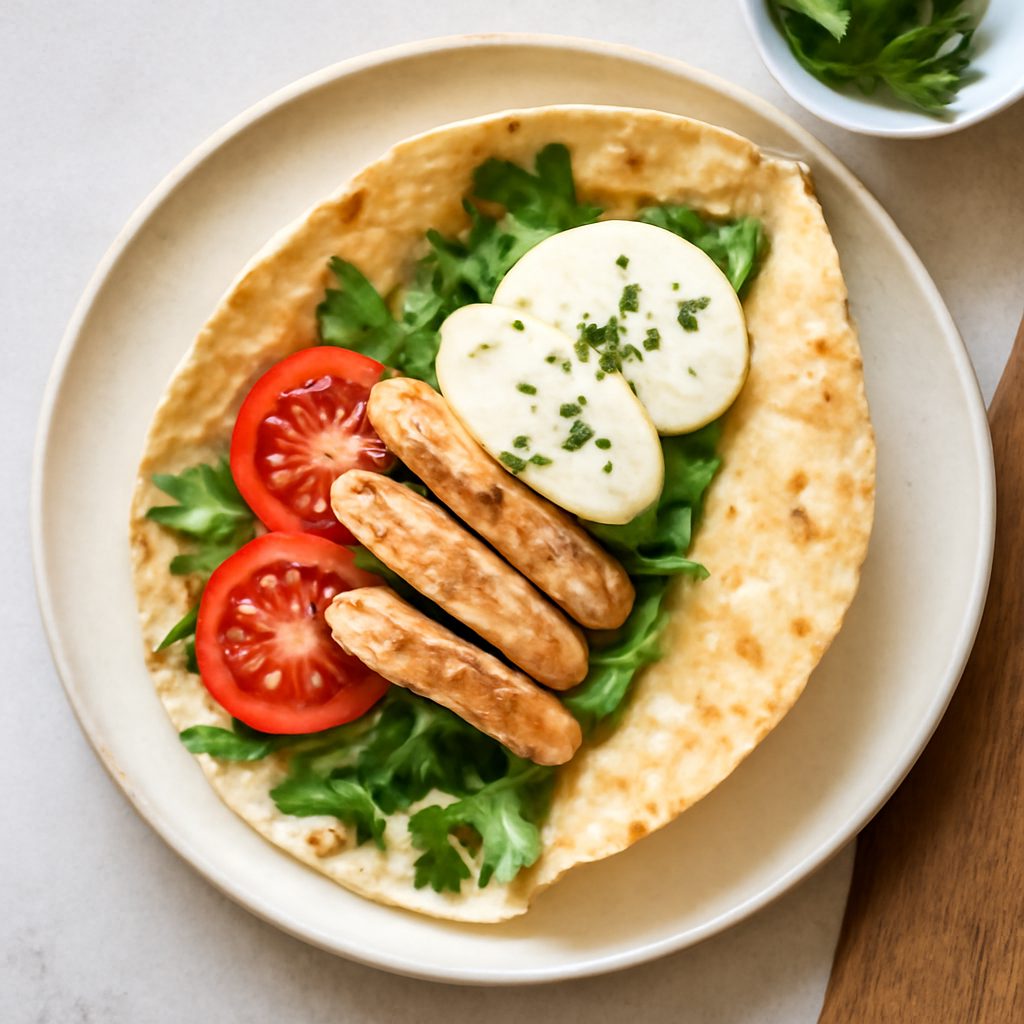 Wrap proteico di hummus di piselli, pomodorini e Feta low-carb