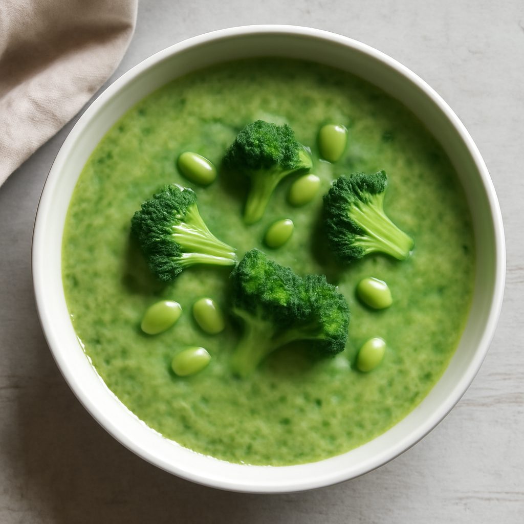 Zuppa di Broccoli ed Edamame con Salmone e Salsa all'Aneto