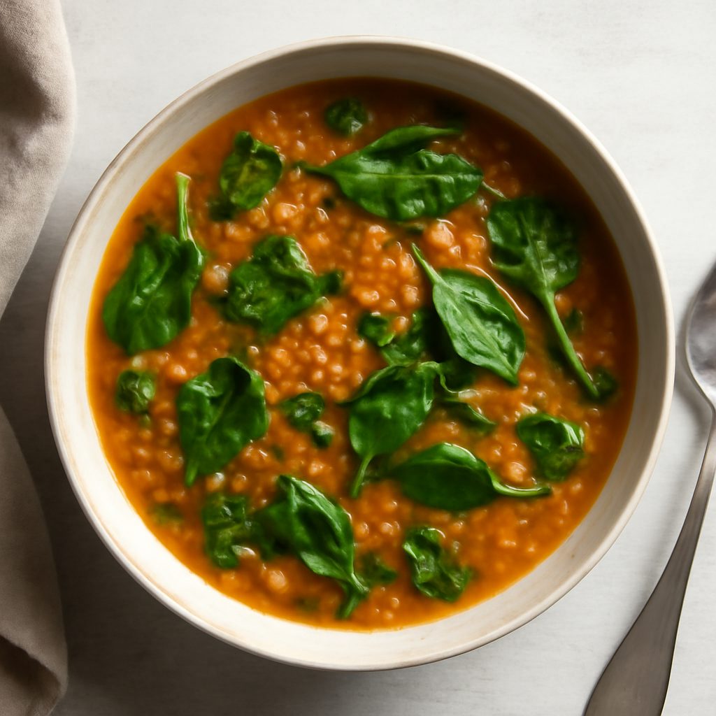 Zuppa di lenticchie rosse e spinaci
