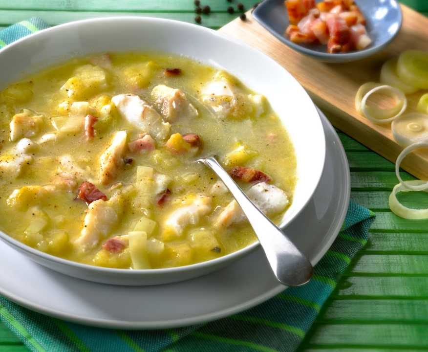 Zuppa di merluzzo con pancetta croccante e porri Low Fat