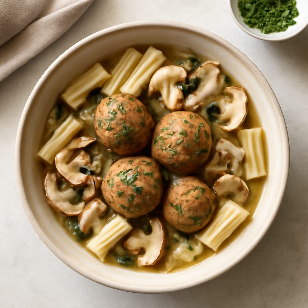 Zuppa di pasta e polpette ai funghi - Versione Protein