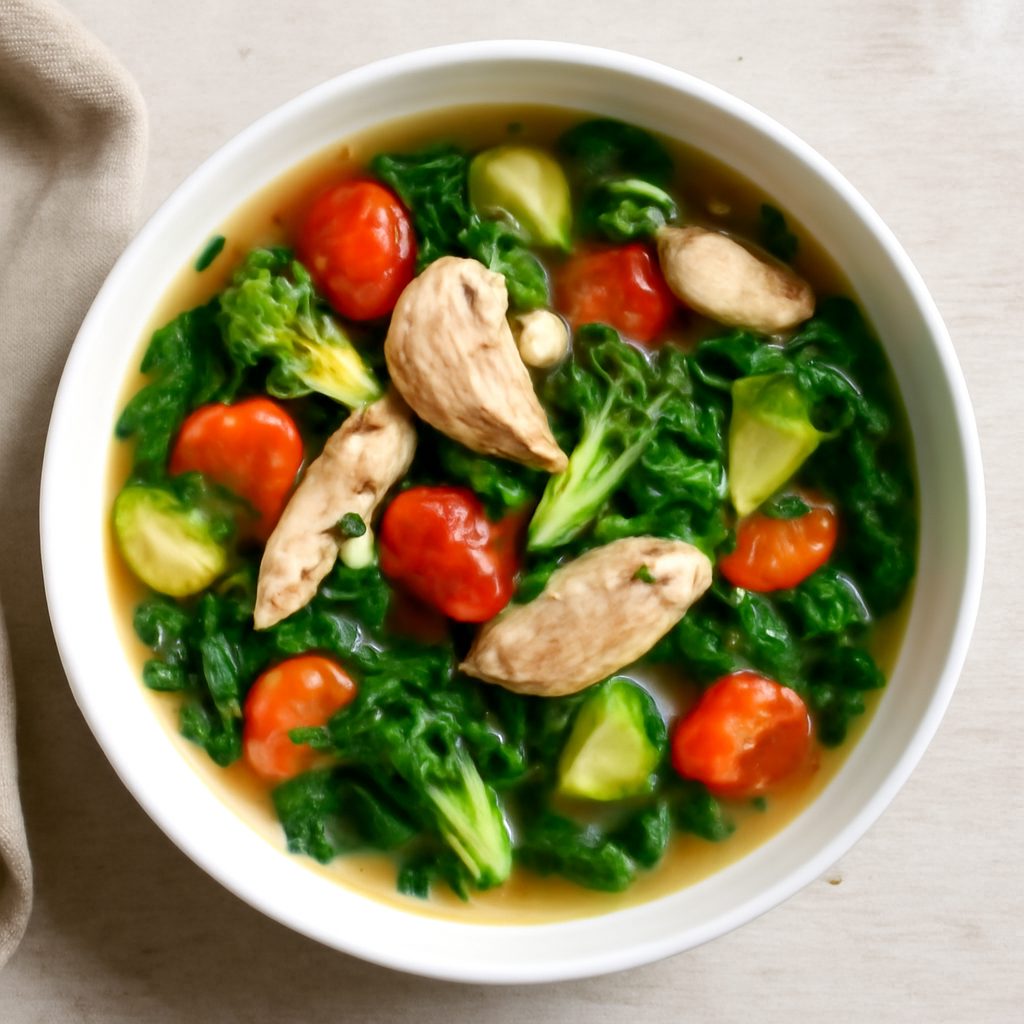 Zuppa ricca di pollo proteica low-carb